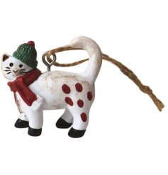 A colourful Christmas tree decoration in the design of a festive cat. 