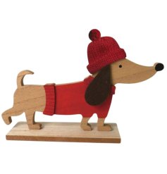 Wooden Dog with Red Jumper, 26cm