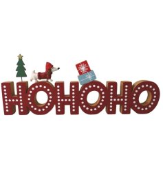 Ho Ho Ho wooden Plaque with Dog, 30cm