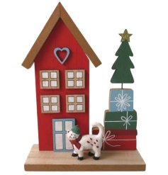 Wooden House with Cat Deco, 19cm 