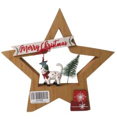 Wooden Star & Cat Deco, 22cm 