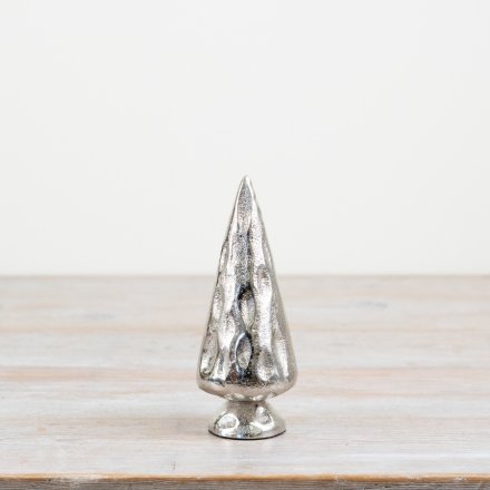 A silver metal tree with a rustic hammered effect finish