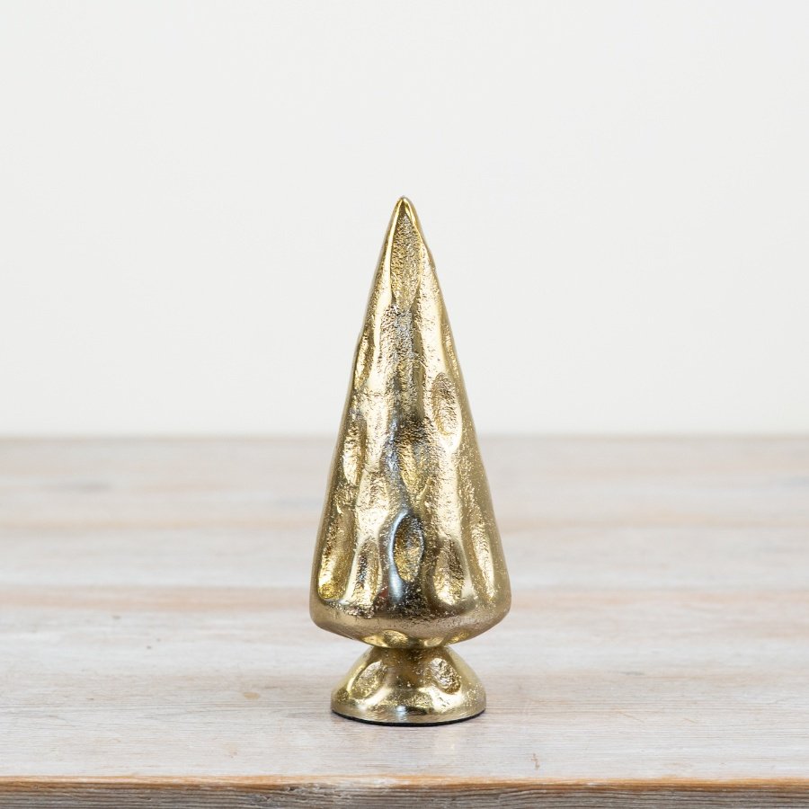 A small golden tree that boasts a charmingly rustic appearance, complete with a hammered texture and raw finish.