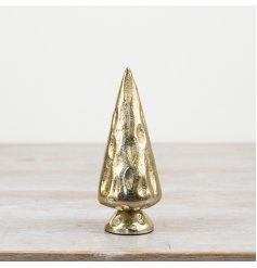 A small rustic gold tree with a hammered finish and raw finish. Perfect for your Christmas collection.