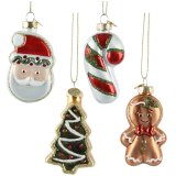 A mix of 4 glass decorations in the style of cookies. Each design has a glitter finish and is decorated in traditional 