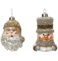 A mix of Santa and Snowman glass decorations each with an ornate glitter and beaded design. 