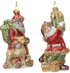 A mix of 2 vintage inspired glass ornaments with a glitter finish and beaded details. 