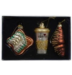 Box of 3 Glass Food Glitter Bauble, 8cm 