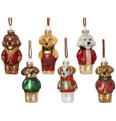 Colourful and quirky Christmas dog hanging ornaments. In traditional colours with a matt finish and glitter detailing. 