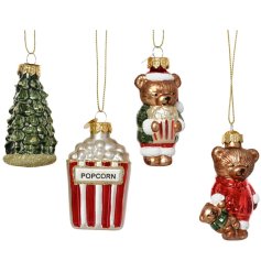 A mix of 4 glass Christmas characters. Beautifully nostalgic with glitter detailing and gold string hangers.