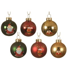 Matt and shiny glass baubles in classic red, green and gold Christmas colours. 