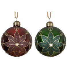2/A Shiny Flower Glass Bauble, 8cm 