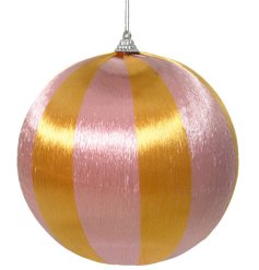 A colourful and unique vintage inspired bauble with silky thread in a bold stripe design. 