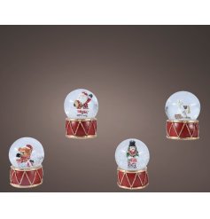 A charming assortment of 4 Christmas snow globes each featuring a flurry of snow and a traditional character. 