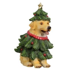 Sitting Dog Wearing Xmas Tree, 13.5cm 