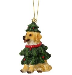 Dog w Xmas Tree Hanger, 9cm 
