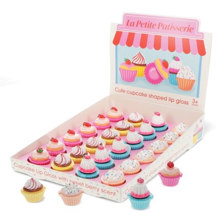 A bright and colourful assortment of 4 berry scented lip glosses inside cute cupcakes.