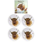 Protect your surfaces with a touch of rustic charm, courtesy of the Jan Pashley Highland Coo Cork Coaster Set.