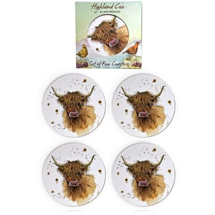S/4 Jan Pashley Highland Coo Coasters, 10cm 