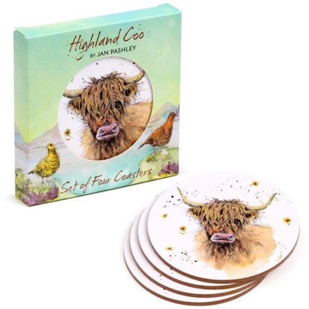Shield your spaces with rustic charm, thanks to Jan Pashley's Highland Coo Cork Coasters.