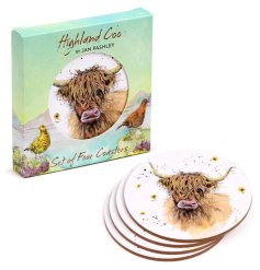 Shield your spaces with rustic charm, thanks to Jan Pashley's Highland Coo Cork Coasters.