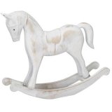 A vintage inspired wooden rocking horse with a white washed, distressed finish. 