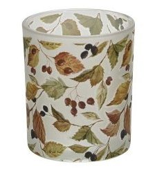 A classic glass candle holder decorated with a beautiful rich Autumn leaf design. 