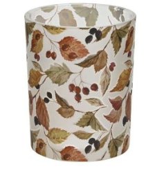 A chic glass candle holder with a richly coloured leaf design. A stylish seasonal gift item and interior accessory. 