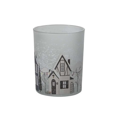 Grey frosted glass candle pot showcasing a serene winter night street view.