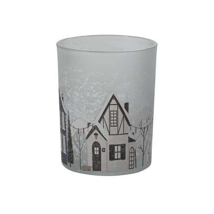 Grey Candle Pot with Winter Scene Design, 12.5cm