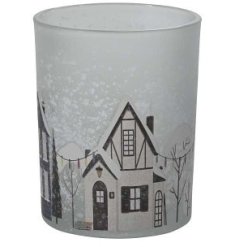 Grey frosted glass candle pot showcasing a serene winter night street design.