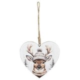 A chic heart shaped hanging decoration with a snowy reindeer design. 