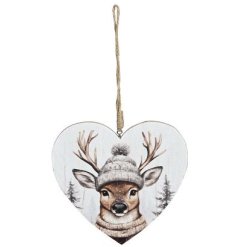 A chic heart shaped decoration with a rustic jute string hanger. Printed with an enchanting forest deer design. 