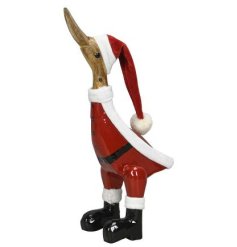 A wonderfully detailed duck ornament with a Santa outfit, featuring fabric trimmed boots and hat. 