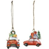 An assortment of 2 enamel decorations, each with a nostalgic Christmas car watercolour design. 