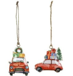 A mix of 2 traditional Christmas car hanging decorations. Each beautifully painted in watercolours. 