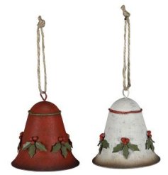 A mix of 2 red and white metal bells with 3D holly detailing. Each has a rustic finish with jute string hangers.