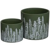 A set of 2 planters with a woodland design. Richly coloured with a dark forest green glaze. 