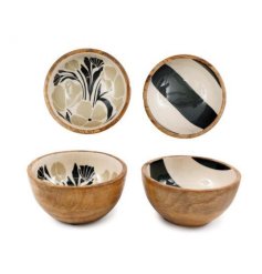 Flower & Striped Wooden Bowls 2/a