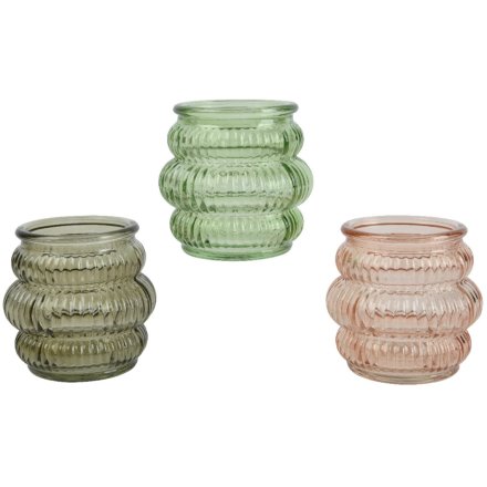 Green & Pink Ribbed T/Light Holders 