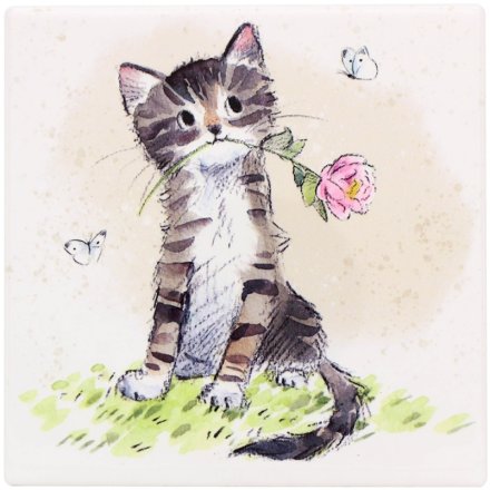Cat With Rose Coaster, 10cm 