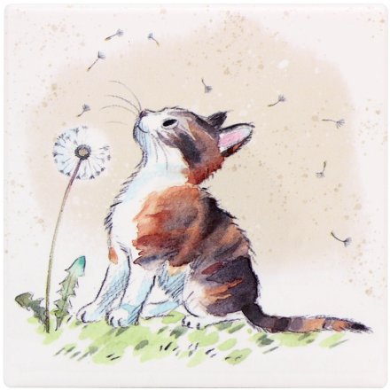 Cat With Dandelion Coaster, 10cm 