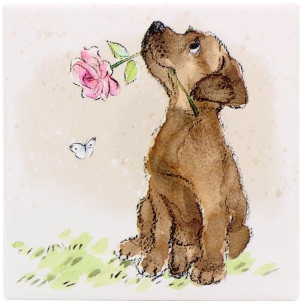 Dog With Rose Coaster, 10cm 