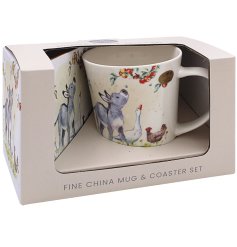 Add a touch of countryside charm to your home with our charming Donkey Goose & Hen Mug/coaster set. 