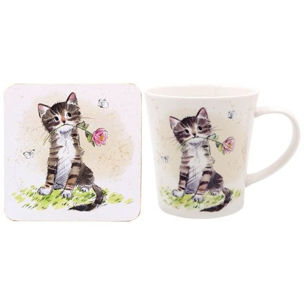 Cat With Rose Mug & Coaster