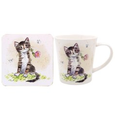 "Whisker in hand, sip in style with our purr-fectly charming Cat With Rose set 