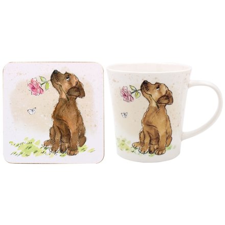 Dog With Rose Mug & Coaster