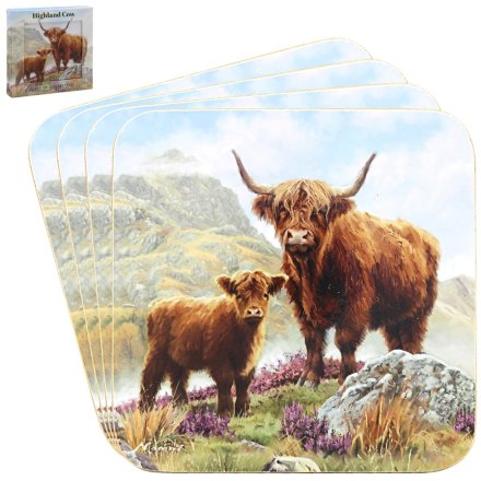 S/4 Highland Cow Coasters, 11cm 