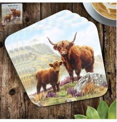 Add a touch of Scottish charm to your home with our Highland Cow Coasters Set 