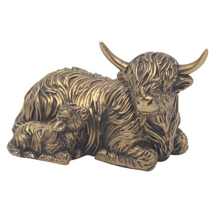 Laying Down Bronze Highland Cow & Calf Deco